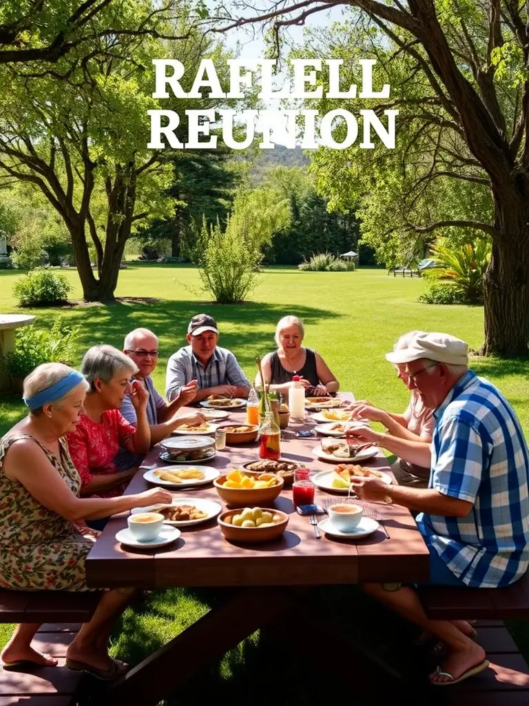 A family reunion at Rancho El Encanto, with multiple generations gathered around picnic tables, enjoying food, games, and conversation in a relaxed outdoor setting.