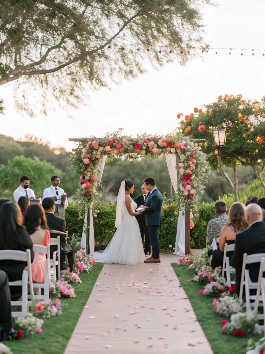 A vibrant outdoor wedding ceremony at Rancho El Encanto, with guests seated on rustic benches and the bride walking down a flower-adorned aisle towards a wooden pergola.