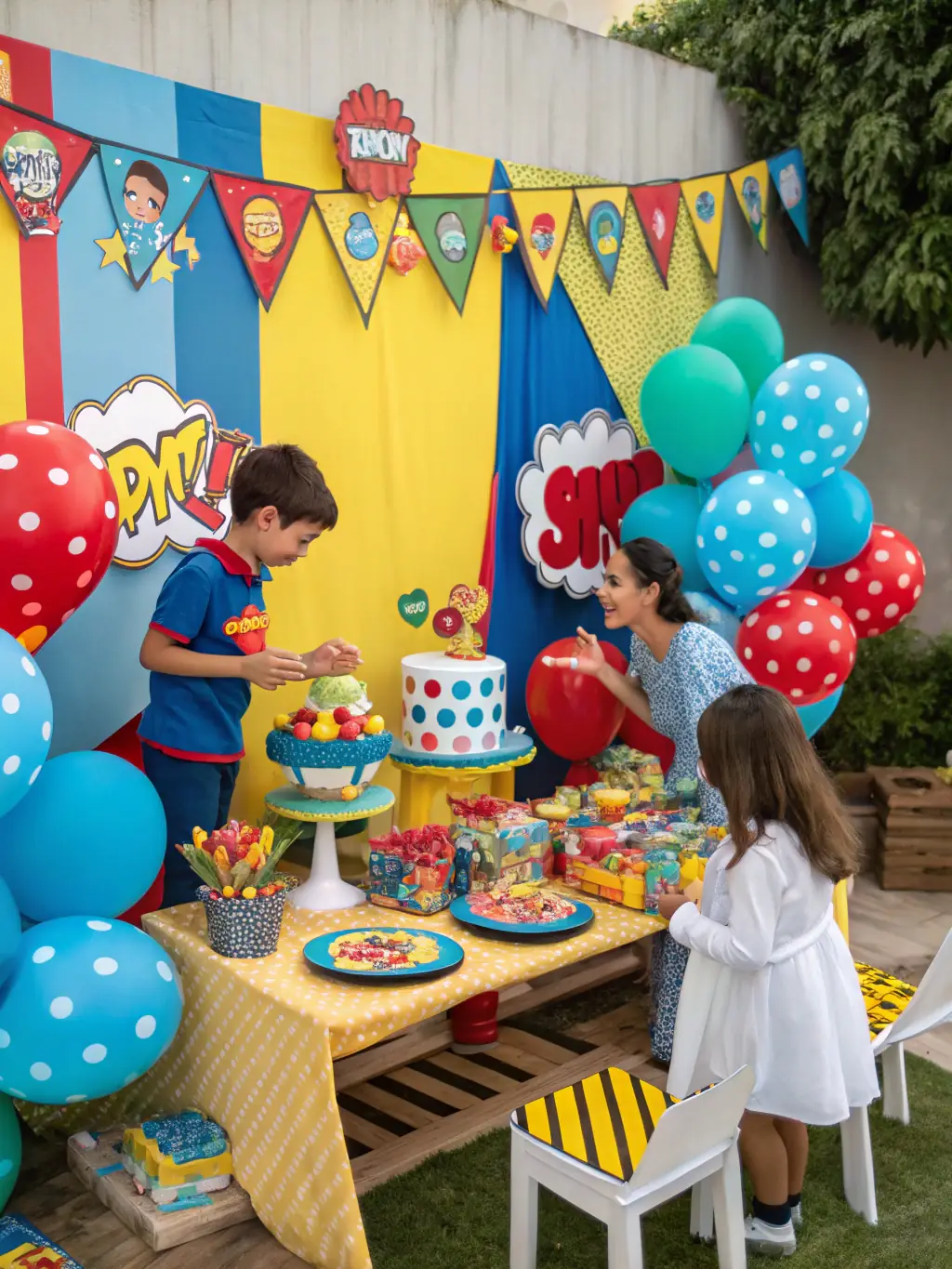 A joyful birthday party at Rancho El Encanto, with children playing in the designated play area, balloons, and a decorated cake table.