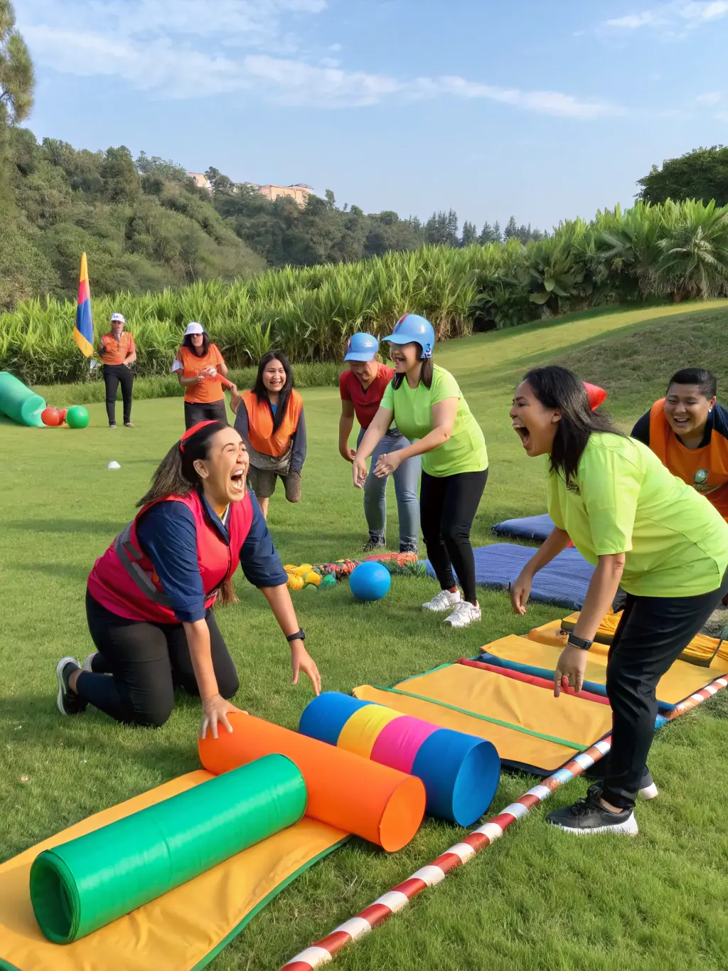A lively corporate team-building event at Rancho El Encanto, featuring participants engaged in outdoor games and activities, with the company logo displayed on a banner.